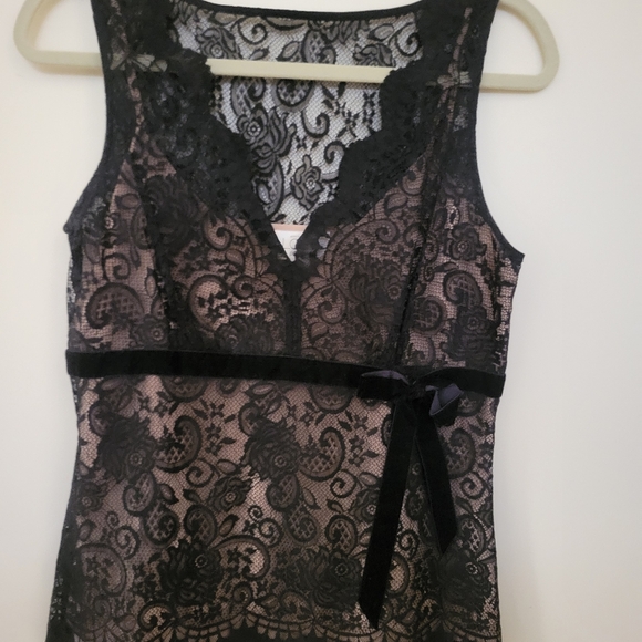 Ann Taylor Loft Contrast Lace Velvet Ribbon Bow Blouse Top Scalloped Trim - Picture 1 of 3
